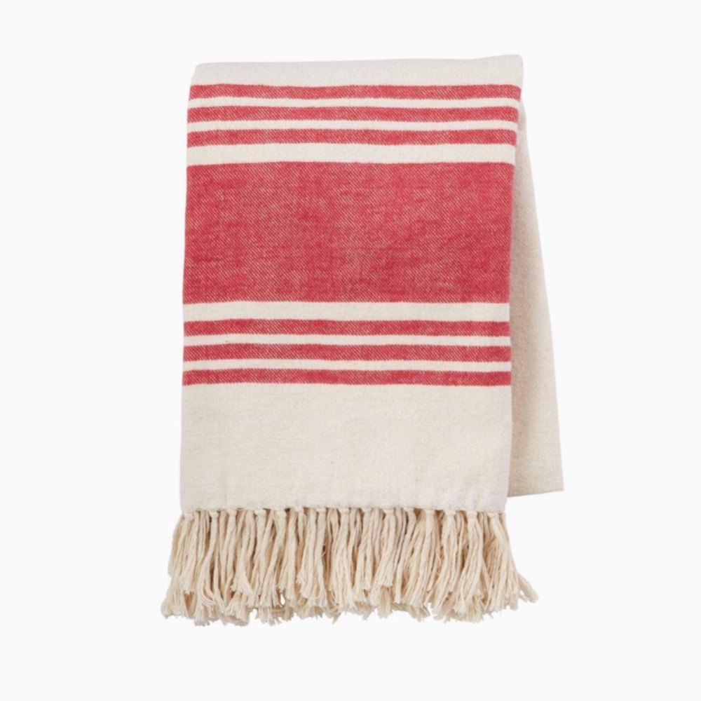 Mud Pie Striped Woven Brushed Throw with Fringe - red and white
